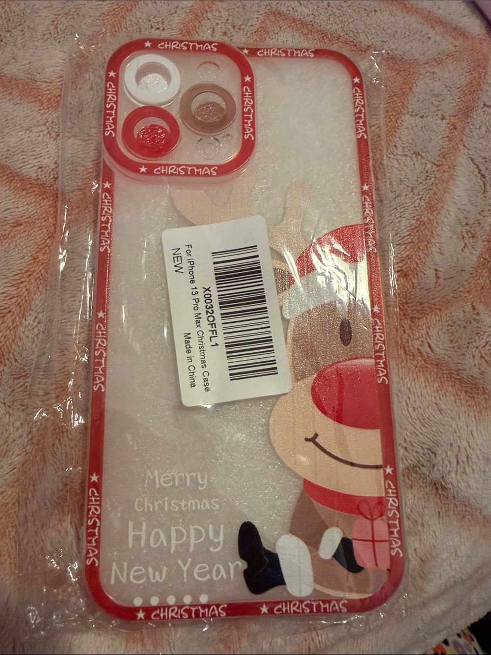 Christmas Reindeer Clear iPhone Case with Red Trim